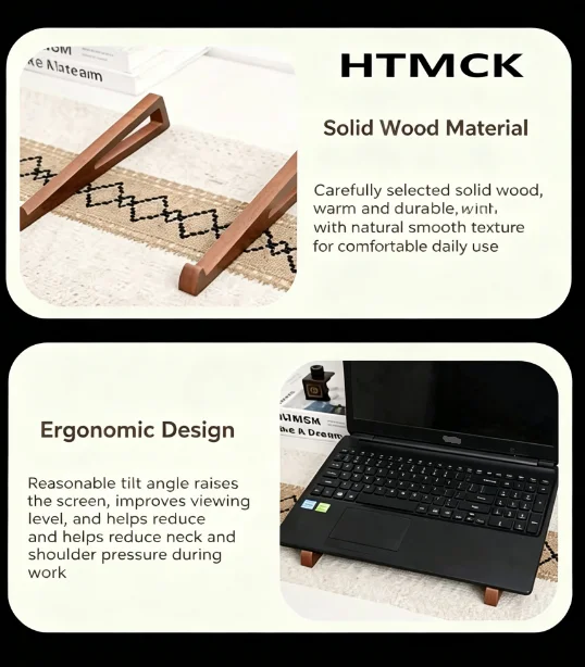 Foldable Portable Wooden Laptop Stand, Triangular Ventilation Cooling Design, 12 Adjustable Angle Ergonomic Desk Accessory