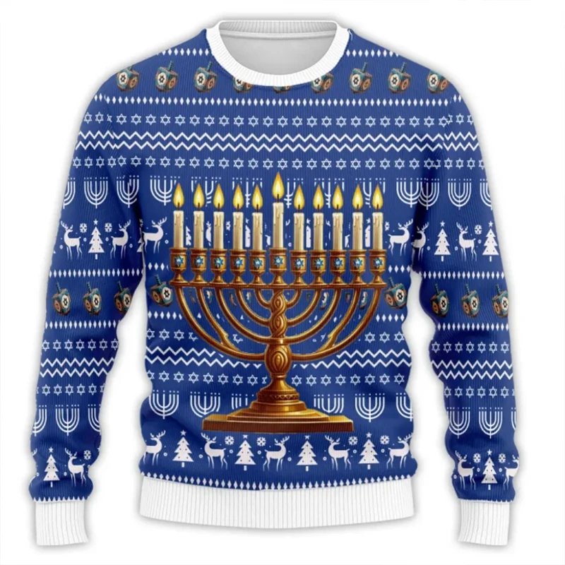 Fashion Hanukkah Ugly Sweater Unisex Gift Festival Long Sleeve Pullover Top 3D Print Jewish Candles Pattern Commemorate Hoodie