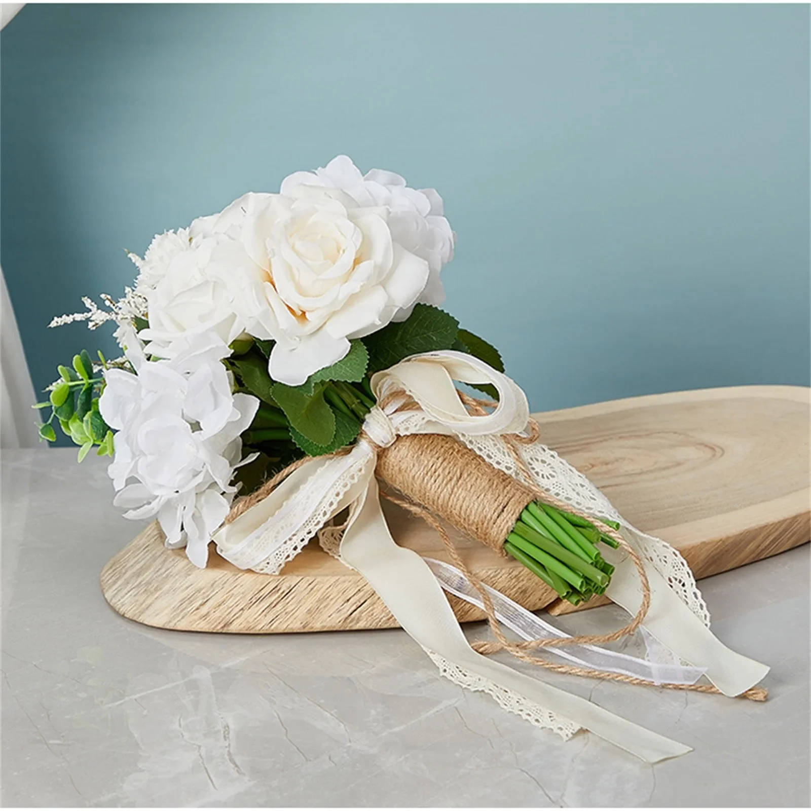 

Artificial Flowers Bouquet, Faux Roses with Silk Satin Ribbon, Pink White Champagne Wedding Bouquet for Bridesmaid Bridal Party,