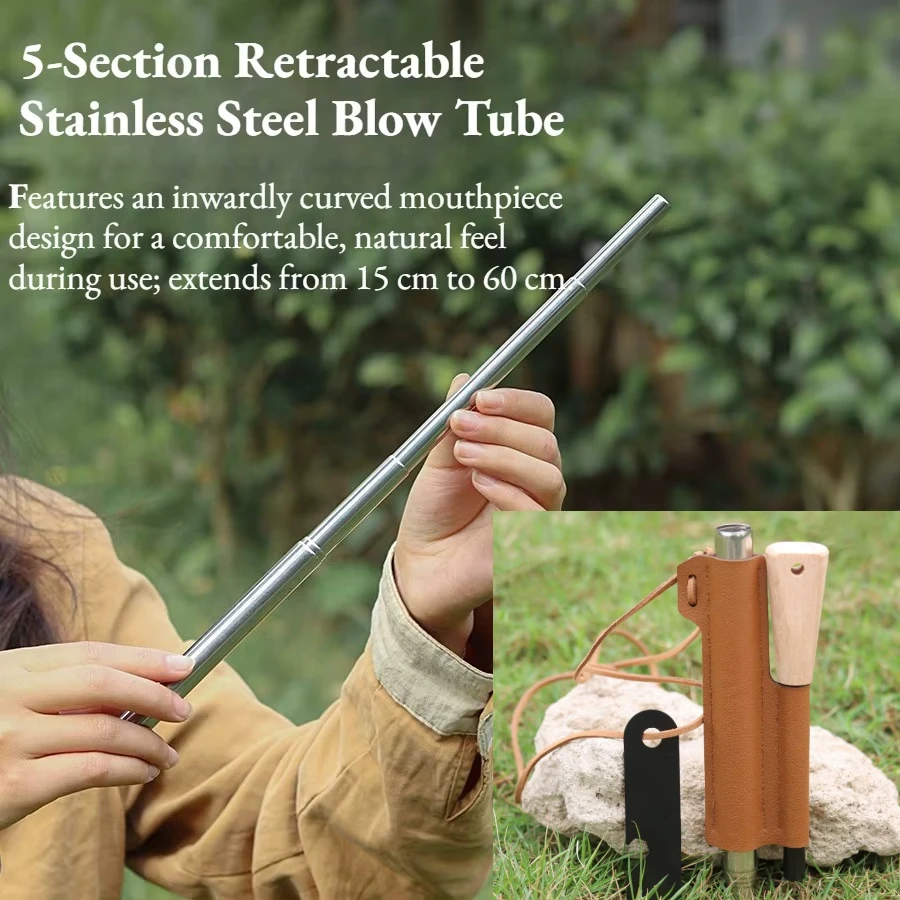 Telescopic Blow Tube & Fire Starter Combo – 5-Section Blowpipe with Solid Flint Rod, Essential Bushcraft Tool for Campfire