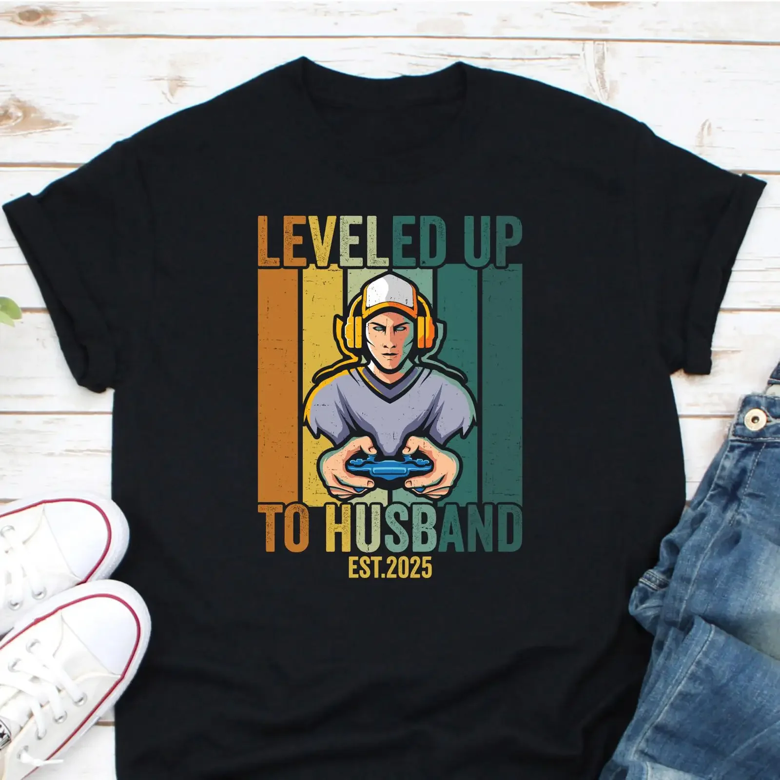 Leveled Up To Husband Est 2025 T Shirt Funny Gamer New Retro Vintage Promoted For Video Game Lover Groom vintage Washed Soft