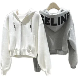 Spring Autumn New Fashion Hooded Long Sleeve Hoodies Women High Street Casual Loose Zipper Patchwork Outwear Elegant Tops