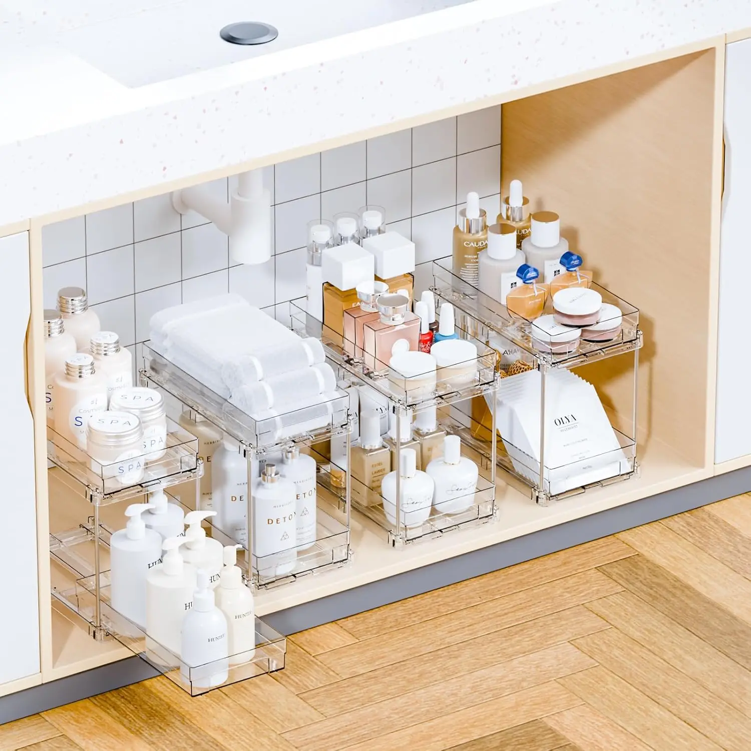 

4 Set Bathroom Organizers and Storage,2 Tier Clear Under Sink Organizer and Medicine Cabinet Organizer for Kitchen,Pantry Sto