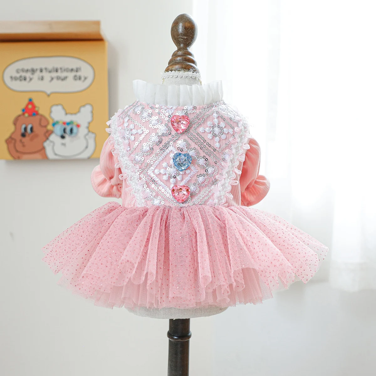 1PC Pet Clothing Spring and Autumn Pink Love Dress Wedding Princess Dress Suitable for Small and Medium sized Dogs