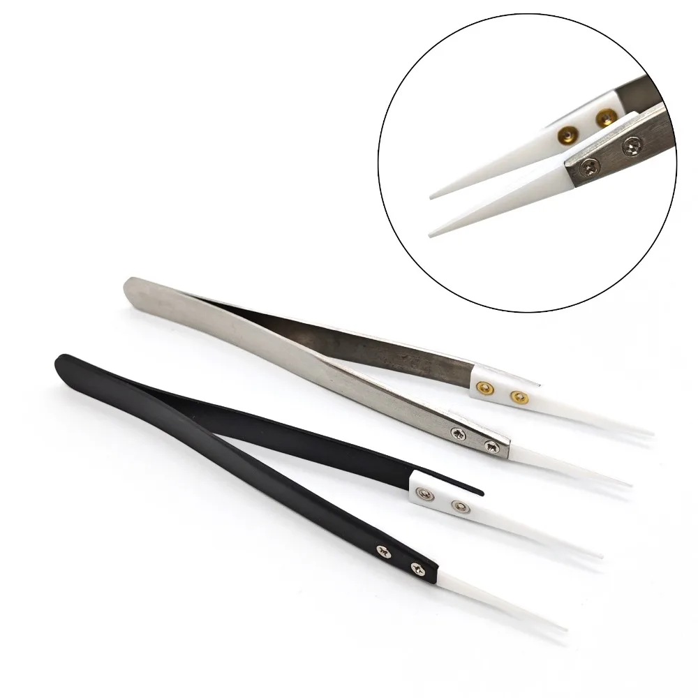 Stainless Steel Ceramic Tip Tweezers Antimagnetic High Temperature Resistant Non-Conductive Tip Hand Tool Phone and Watch Repair