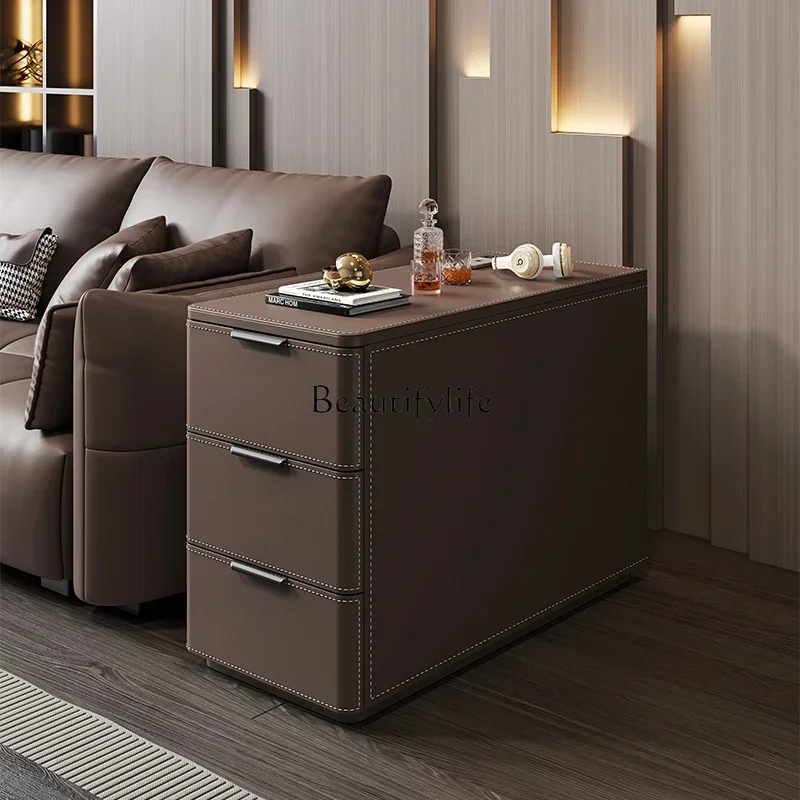 

1pj12-*Saddle leather light luxury Italian minimalist sofa side cabinet living room coffee table side cabinet corner table