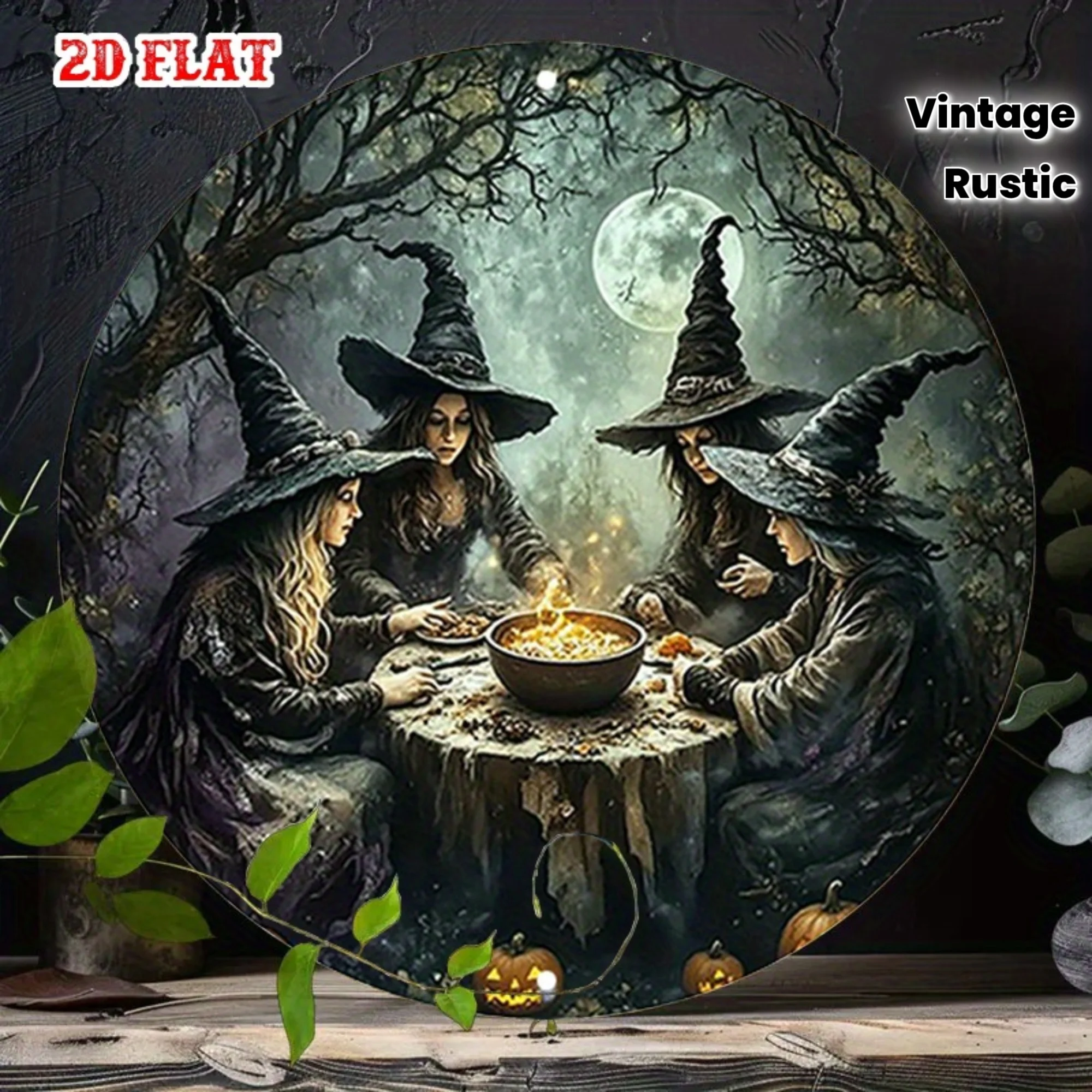 2D Flat, 2D Flat - 1 Vintage Witch Round Iron Sign | 7.87-inch Rustic Style Metal Wall Decor with 4 Witch Cauldrons Under Moonli