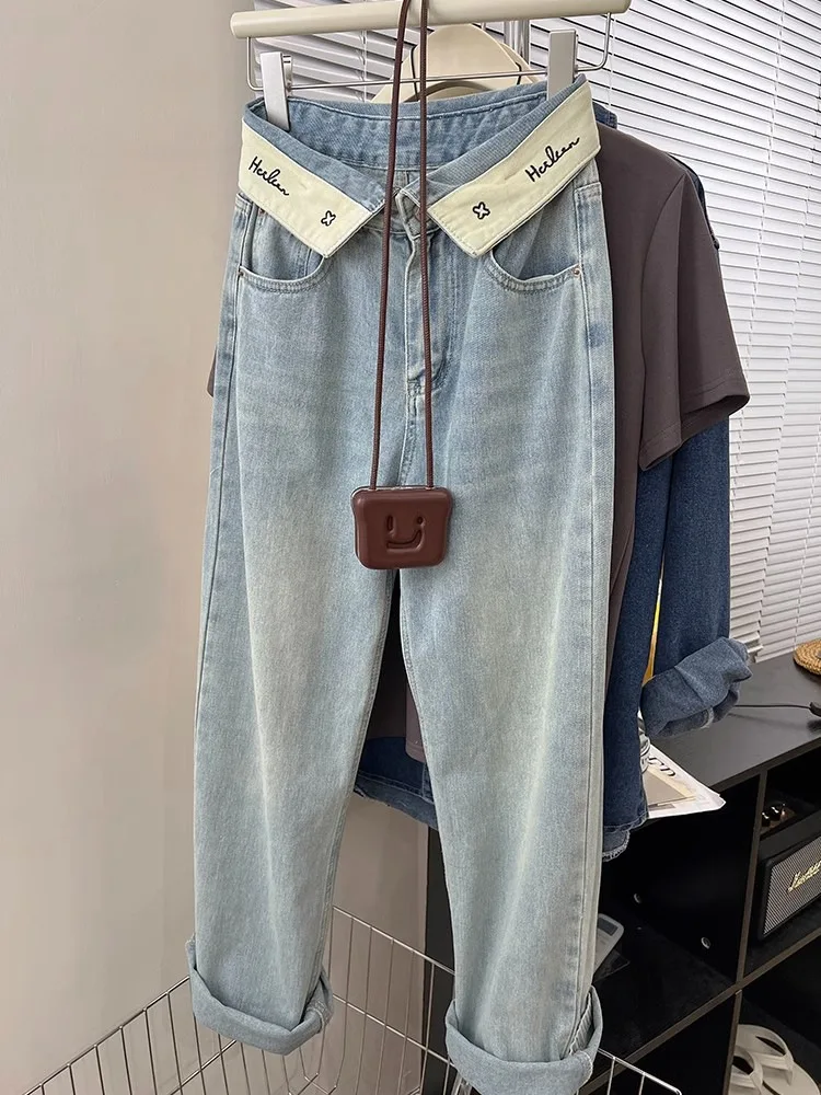 High waisted letter jeans for women in 2023, new design sense niche, loose and slim wide leg pants, straight leg pants for women