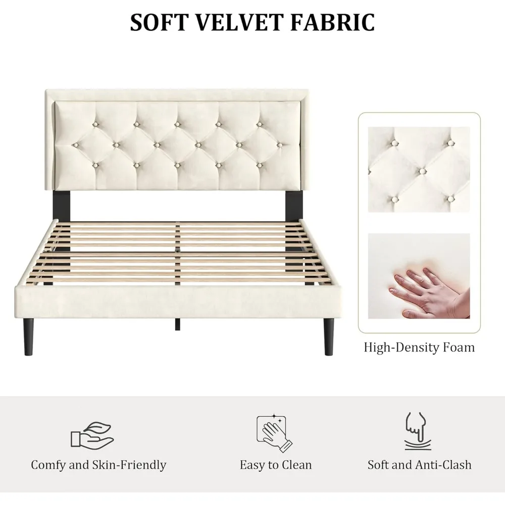 إطار سرير بمنصة مقاس مع لوح رأسي معنقدة بزر مخملي منجد، كريم أساس مرتبة مع دعم شرائح خشبية، لا