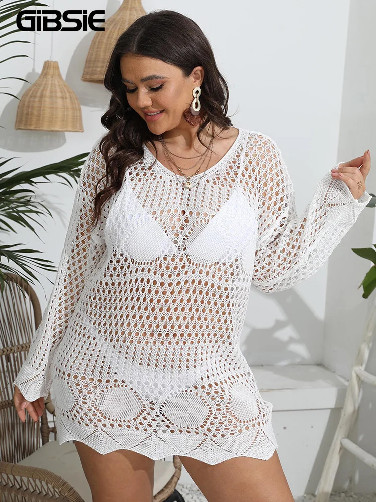 GIBSIE Plus Size 2023 Bikini Cover Up For Women Summer Sexy See Through Hollow Out Long Sleeve Holiday Knitted Beach Tunic Dress