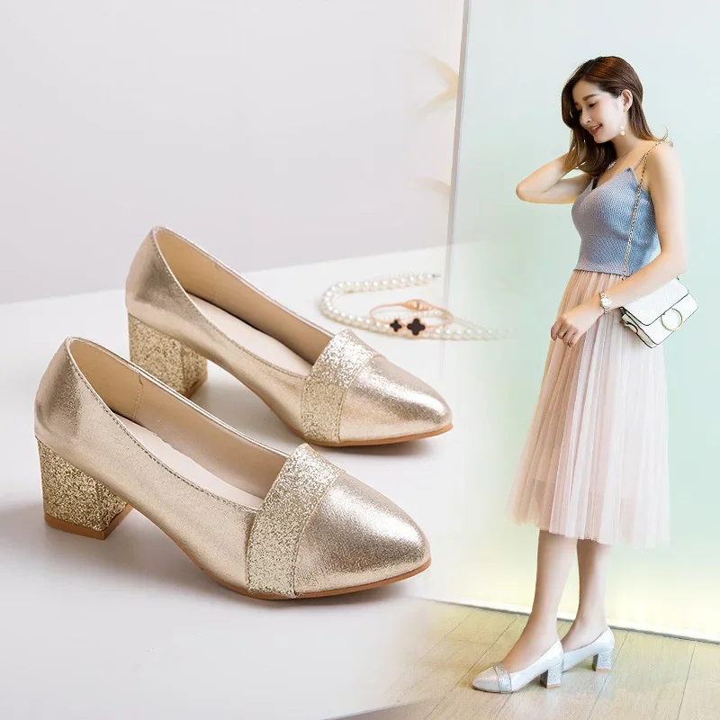 Women Pumps Sweet Style Square High Heel Sadals Sequins Pointed Toe Spring and Autumn Elegant Shallow Womens Shoes