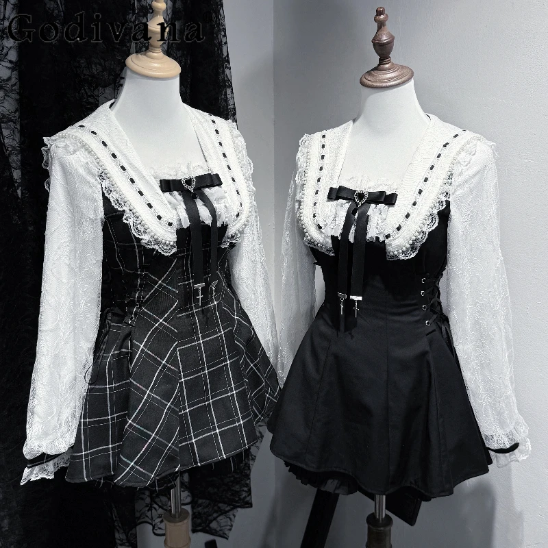 

Оригинальный комплект платьев Mine Mass-Produced, осенний новый японский комплект с бантом для девочек, кружевное платье с длинными рукавами, шорты, комплект из 2 предметов, женские наряды