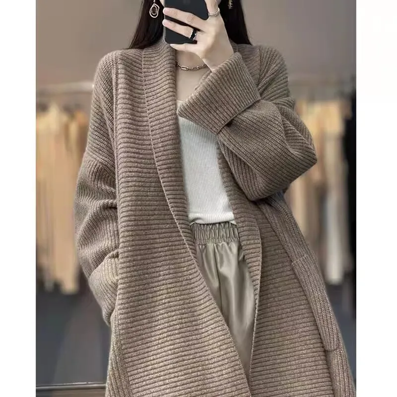 Shawl Colla Knitted Sweater For Women's New French Trial Loose Thick mid-Long With Twisted Pattern And Versatile Cardigan Jacket