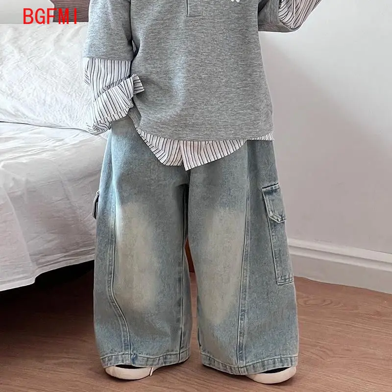 Korean Children's Jeans Loose Straight Pants Wide Leg Cargo Pants for Boys Girls New Spring Autumn Kid's Denim Pocket Trousers - Image 4