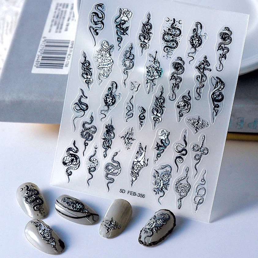 

Black White 5D Embossed Snake Nail Art Stickers Sculpted Reliefs Cobra Skull Decals For Nails Decoration Manicure Supplies Tool