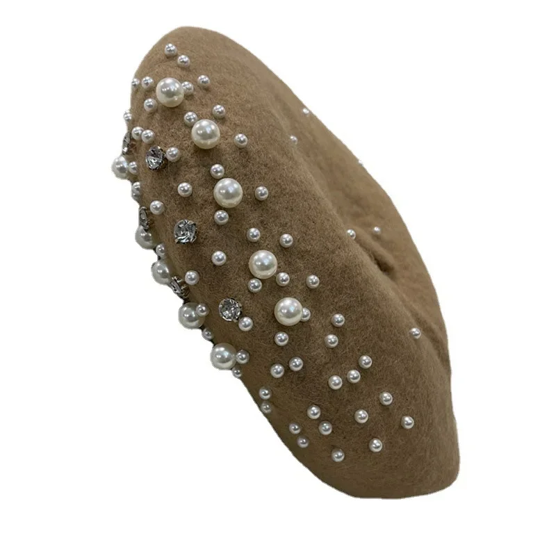 Gorro de boina para mujer con perlas y diamantes de imitación, gorros de pintor de invierno de lujo para madre e hija, estilo coreano