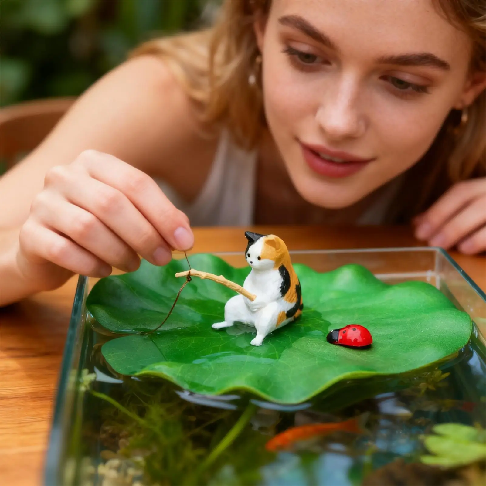 Cat Fishing on Floating Lily Pad Cat Fishing Aquarium Model Decoration Betta Fish Tank Decor Model For Garden Pond Fish Tank