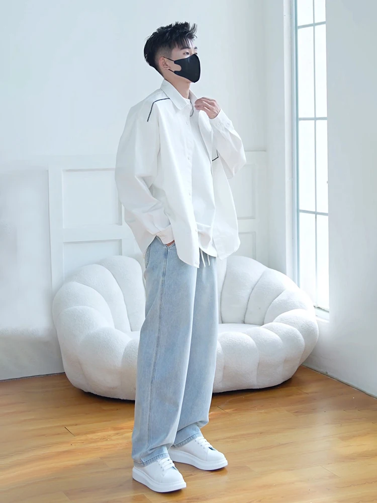 

Light Blue Elastic Waist Straight Leg Loose Fit Men's Jeans Casual Comfortable Wear Resistant Autumn Season Faion Trousers