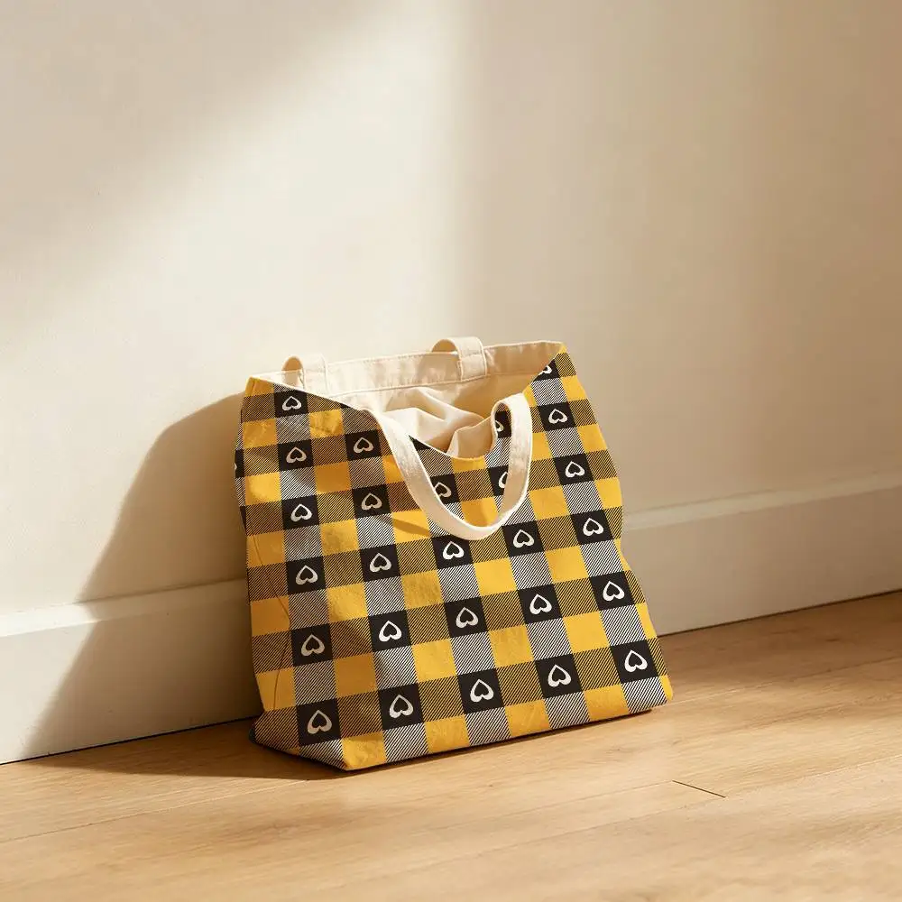 Love-themed Checkered Canvas Tote Bag Waterproof Lining Large Capacity Reusable Shopping Bags Casual Student Daily Handbag