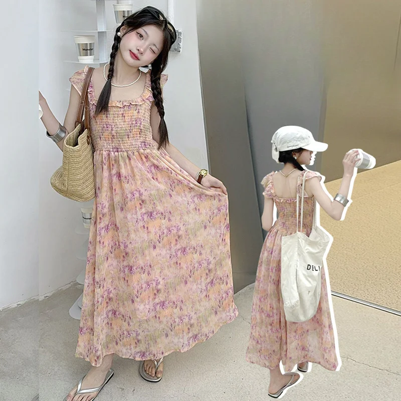 Meninas vestido de verão 2024 nova menina grandes crianças floral deslizamento vestido crianças verão chiffon princesa saia coreano estilo doce