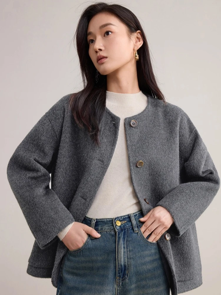 

SENTUBILA Women’s Woolen Coats 2025 Winter O-neck Long Sleeve Jackets Solid Loose Fit Warm Outerwear Female Clothing W54OG2425