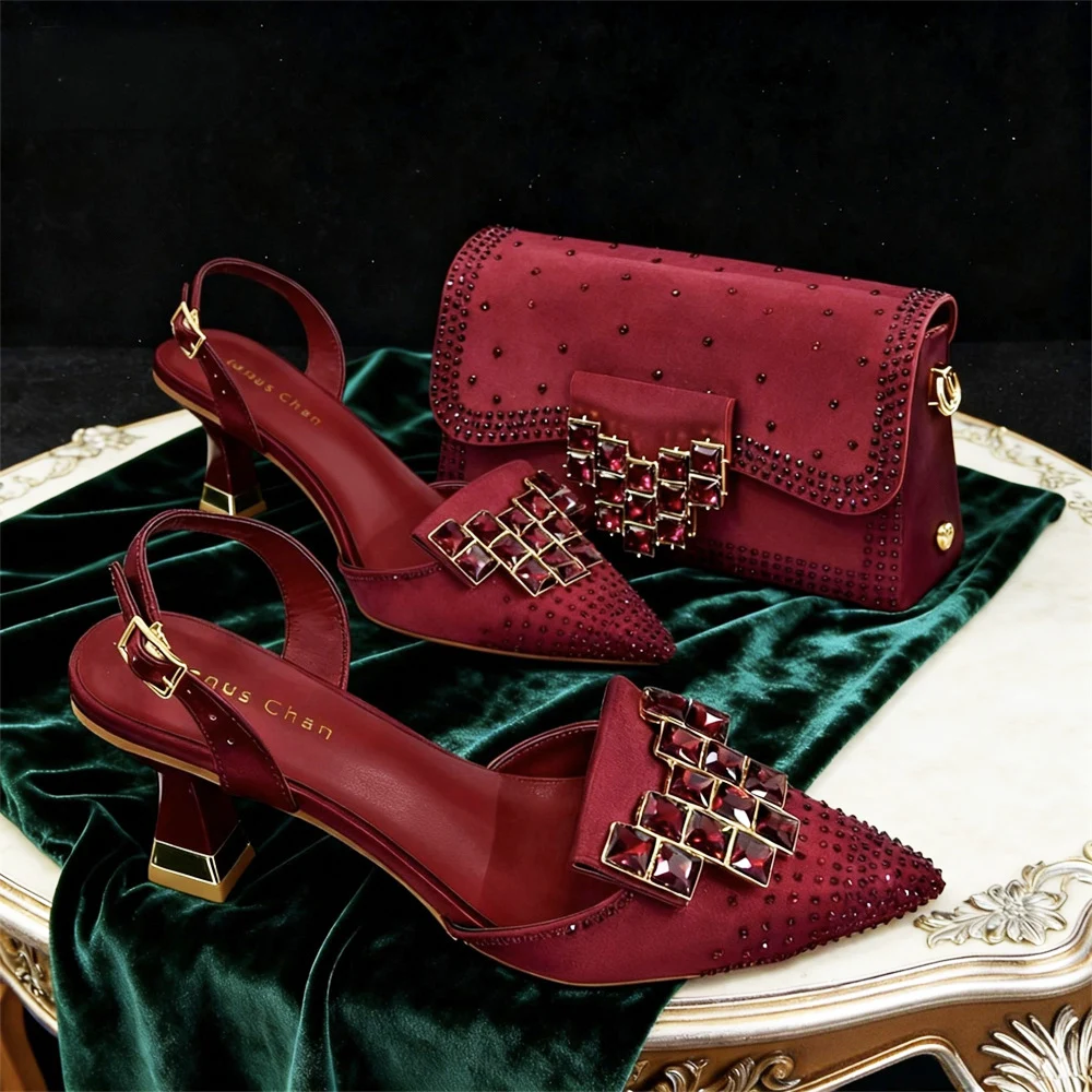 

Pointed Toe Heels for Women 2026 Elegant Party WineRed Color Full Diamond Pumps Italian Shoes and Bags Matching Set