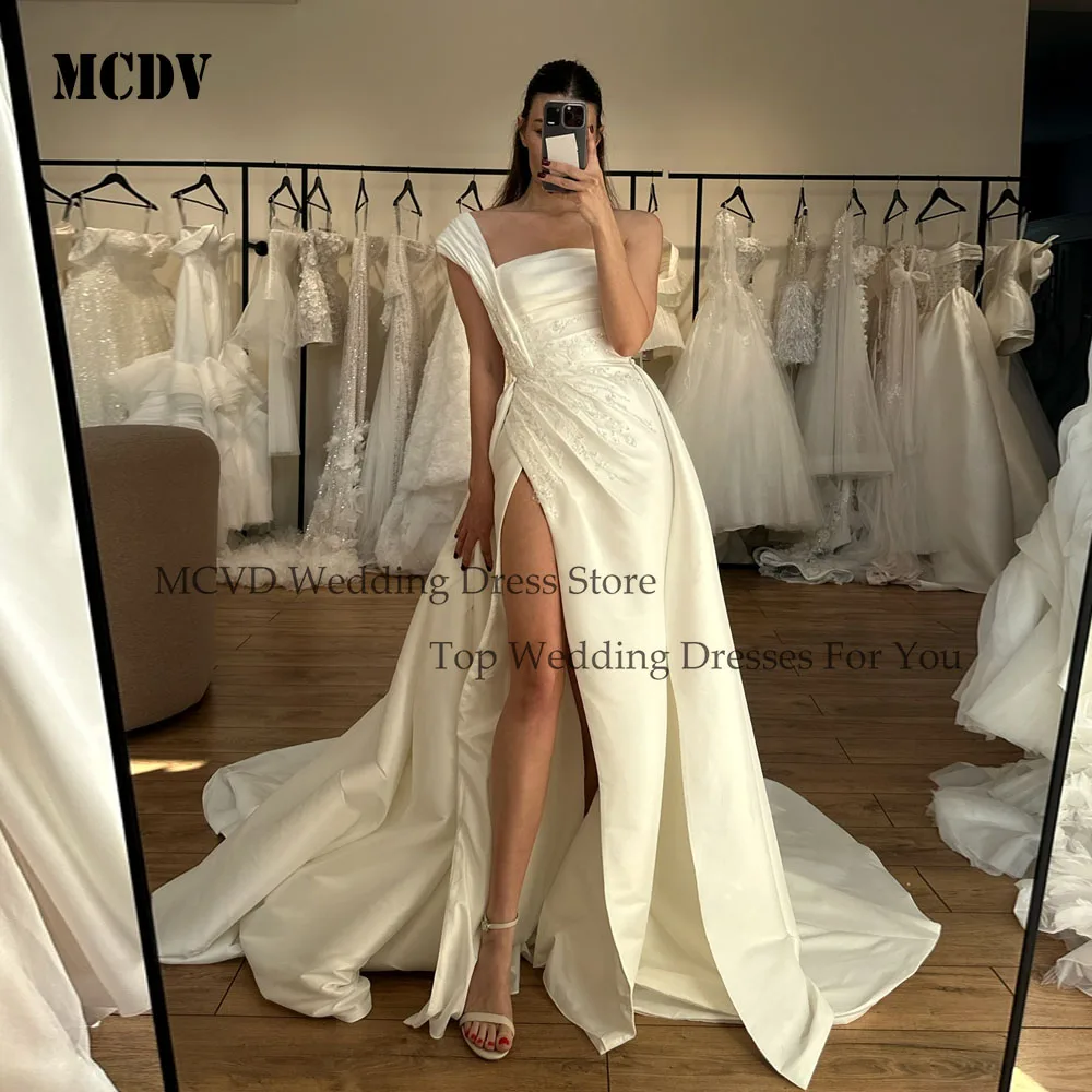 

MCDV 2 In 1 Wedding Dresses for Women High Slit One-Shoulder Appliques Traumpet Satin Bridal Dress White Wedding Ball Prom Gowns