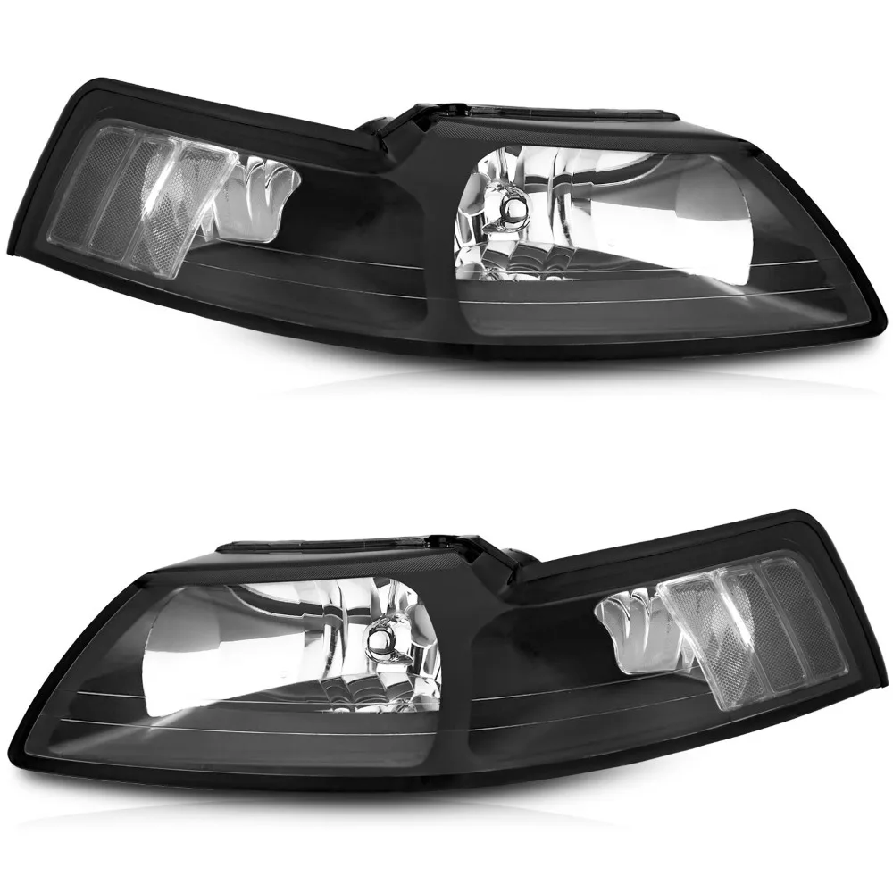 

Pair Headlights For 1999-2004 Ford Mustang Black Housing Clear Reflector