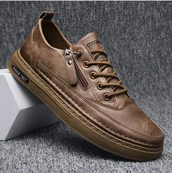 Summer Low Cut Men's Casual Shoes Trendy Microfiber Lace Up Men's Flat Board Shoes Outdoor Men's Sport Shoes With Side Zipper