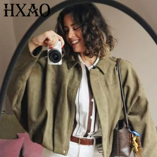 HXAO Chaqueta corta de gamuza para mujer, chaqueta Bomber de primavera para mujer, prendas de vestir exteriores de talla grande, nuevas abrigos y chaquetas, abrigos de manga larga de gran tamaño