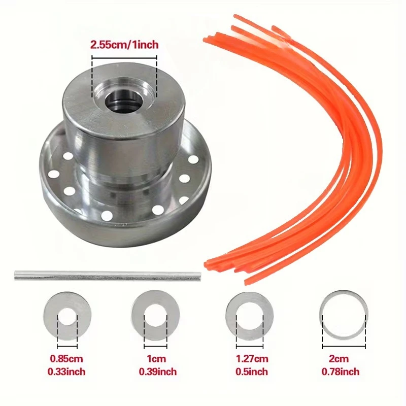 Image of Freischneider-Aluminium-Trimmerkopf-Set, mit Nylonfadern, Unterlegscheiben in verschiedenen Größen und Schraubenschlüssel, Ersatzteile für Rasenmäher zur Unkrautbekämpfung