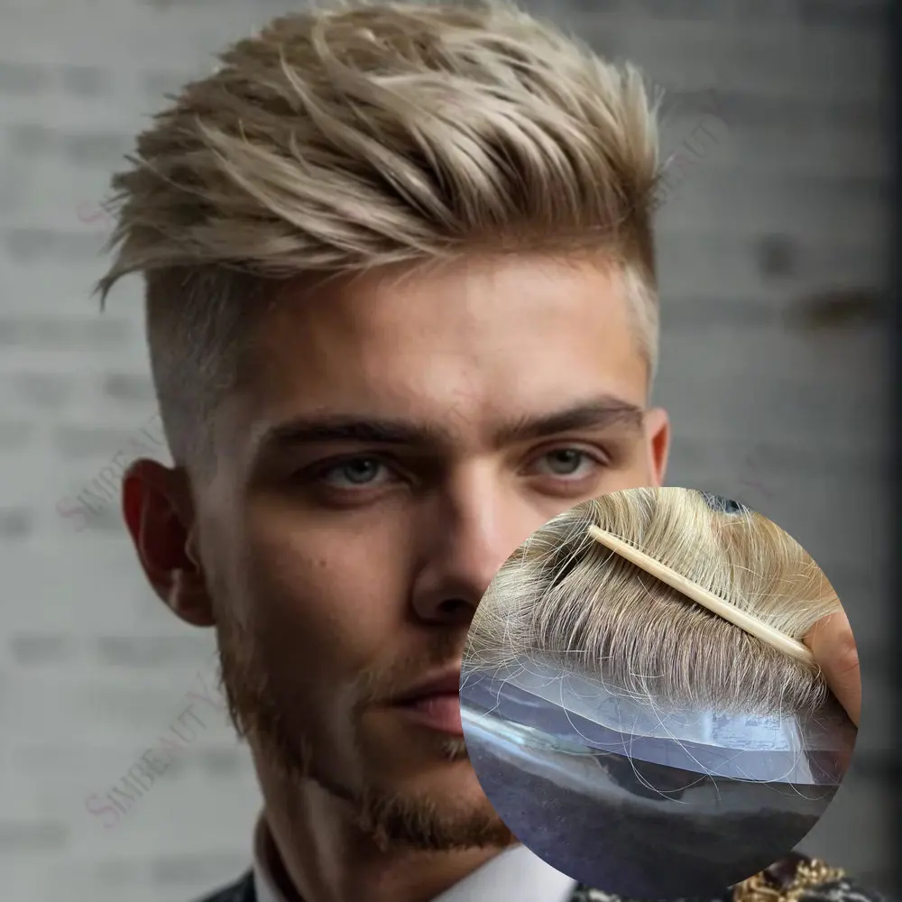 دائم مايكرو رقيقة جدا 0.06 مللي متر الجلد قاعدة أومبير شعر أشقر الرجال الشعر المستعار 100% شعر الإنسان الشعرية الاصطناعية غير قابلة للاكتشاف هيربيسي