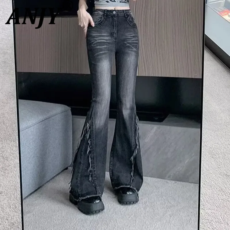 ANJY Spring Autumn New Women American Style Vintage Moustache Effect Frayed Denim Pants Washed High Street Bootcut Jeans A28036