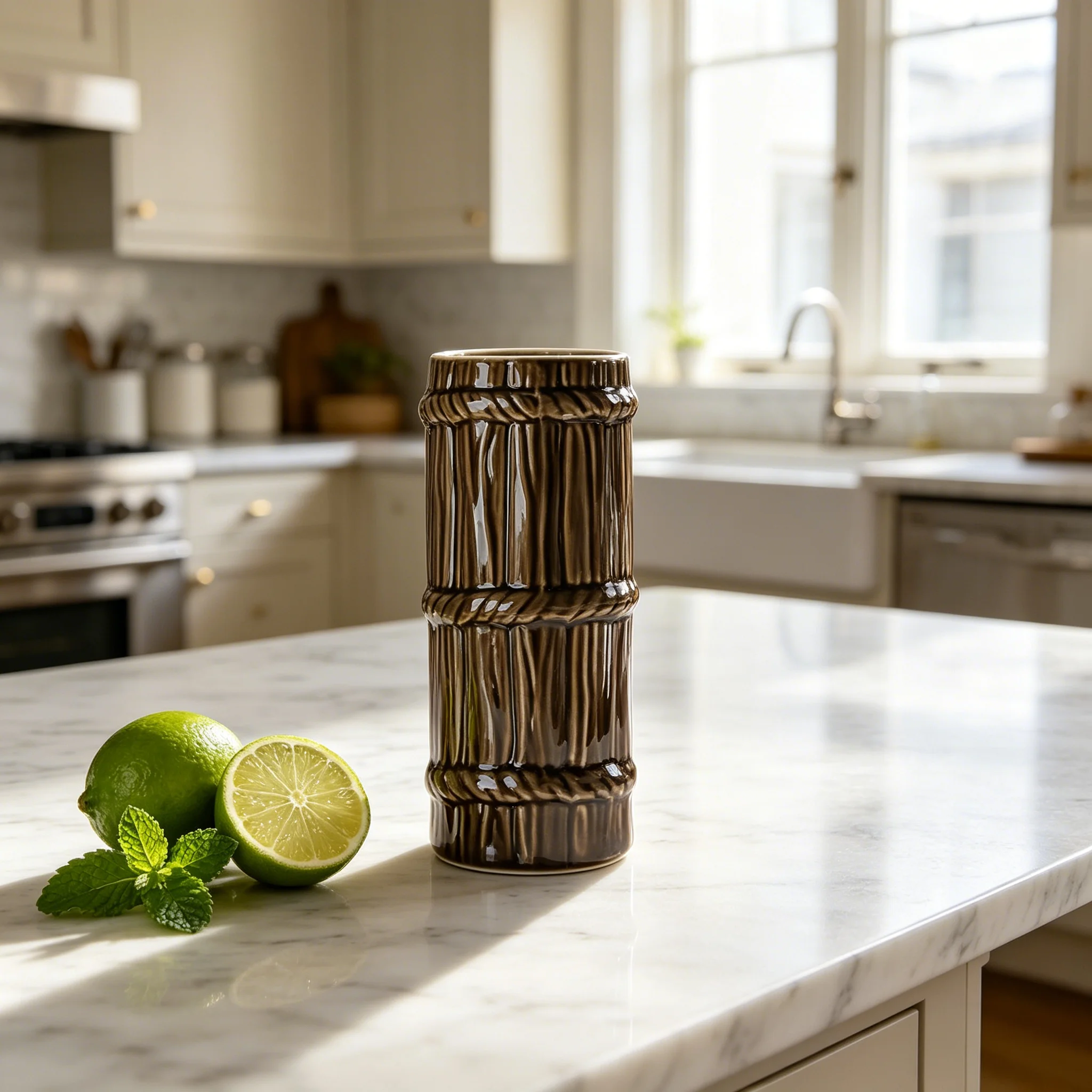 Multi-Purpose Ceramic Tiki Cup - Bamboo Pattern Cocktail Glass, Pen Holder Makeup Brush Organizer for Tiki Bar & Home Decor