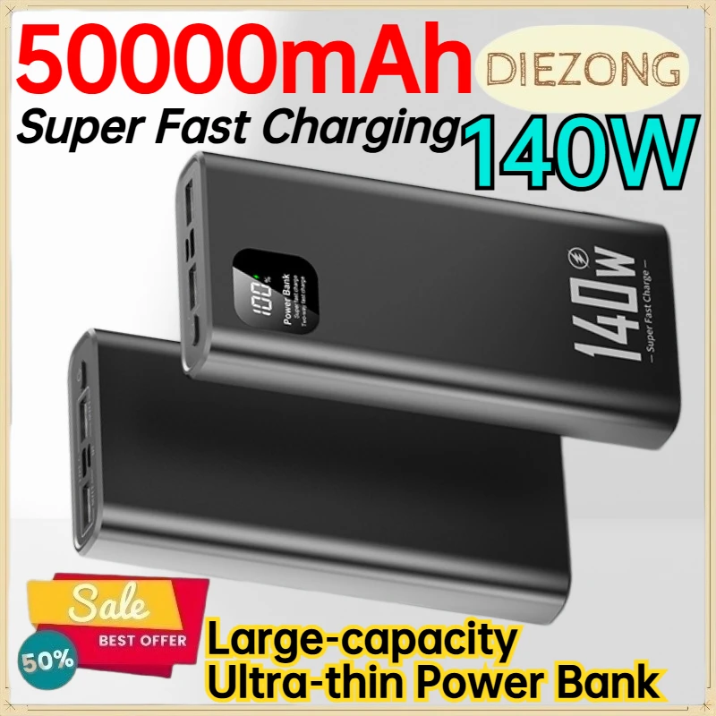 50000mAh 140W Super Fast Charging Power Bank for IPhone Android Mobile Phone Large‑capacity Ultra‑thin Power Bank