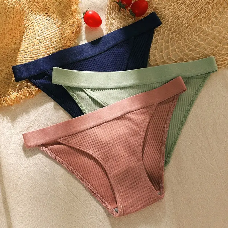 3PC Women Cotton Panties Solid Color Briefs Ladies Breathable Comfortable Striped Underwear