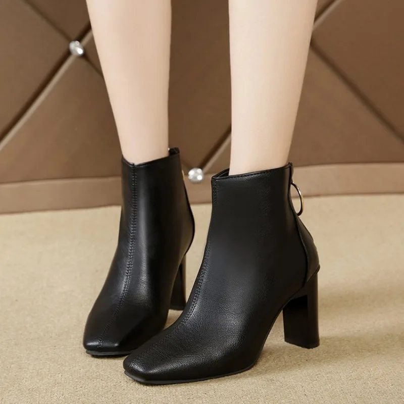 Women's Square Head pu Boots Autumn Back Zipper Party High Heels Thick Heel Solid Color Walking Shoes Botas Para Mujer