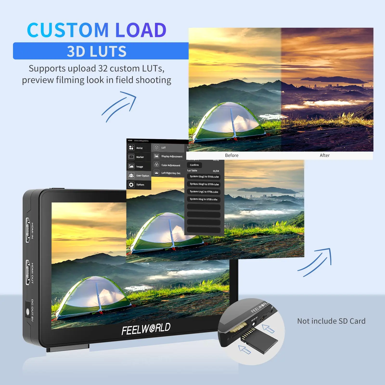 كاميرا Feelworld F6 PLUS مقاس 6 بوصات DSLR شاشة لمس ميدانية مع شاشة HDR ثلاثية الأبعاد LUT FHD 1920x1080 IPS Video Peaking 4K HDMI داخل الخروج