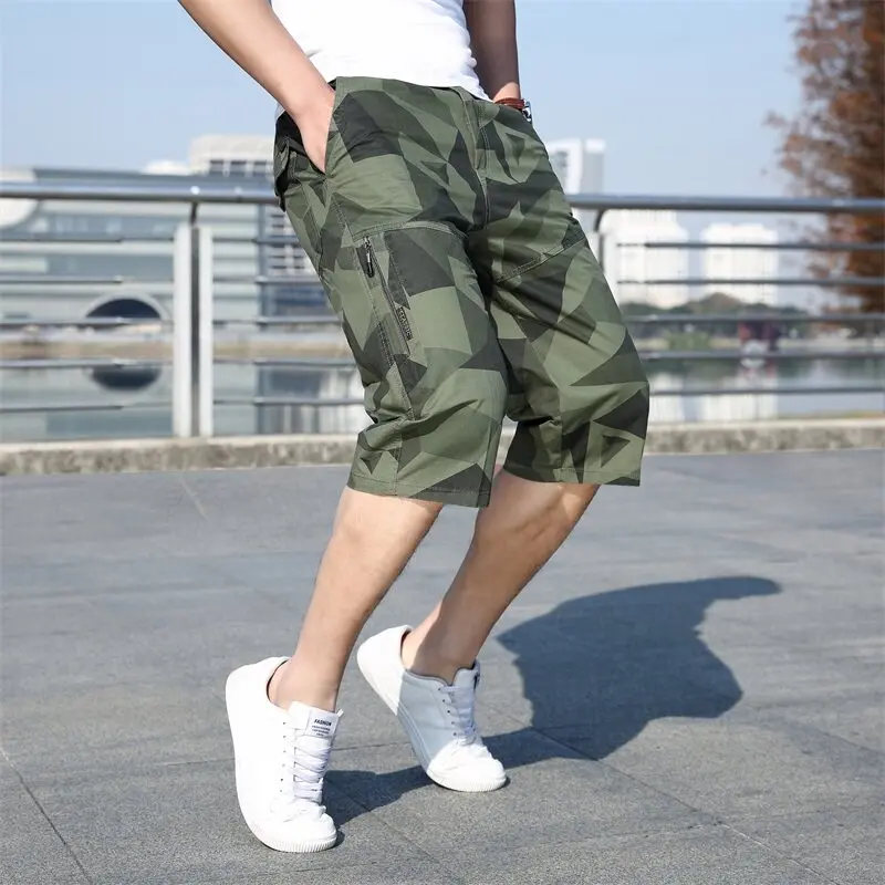 Men's Summer Zipper Camouflage High Waist Contrast Color Pockets Button Casual Clothing England Style Straight Trousers Shorts