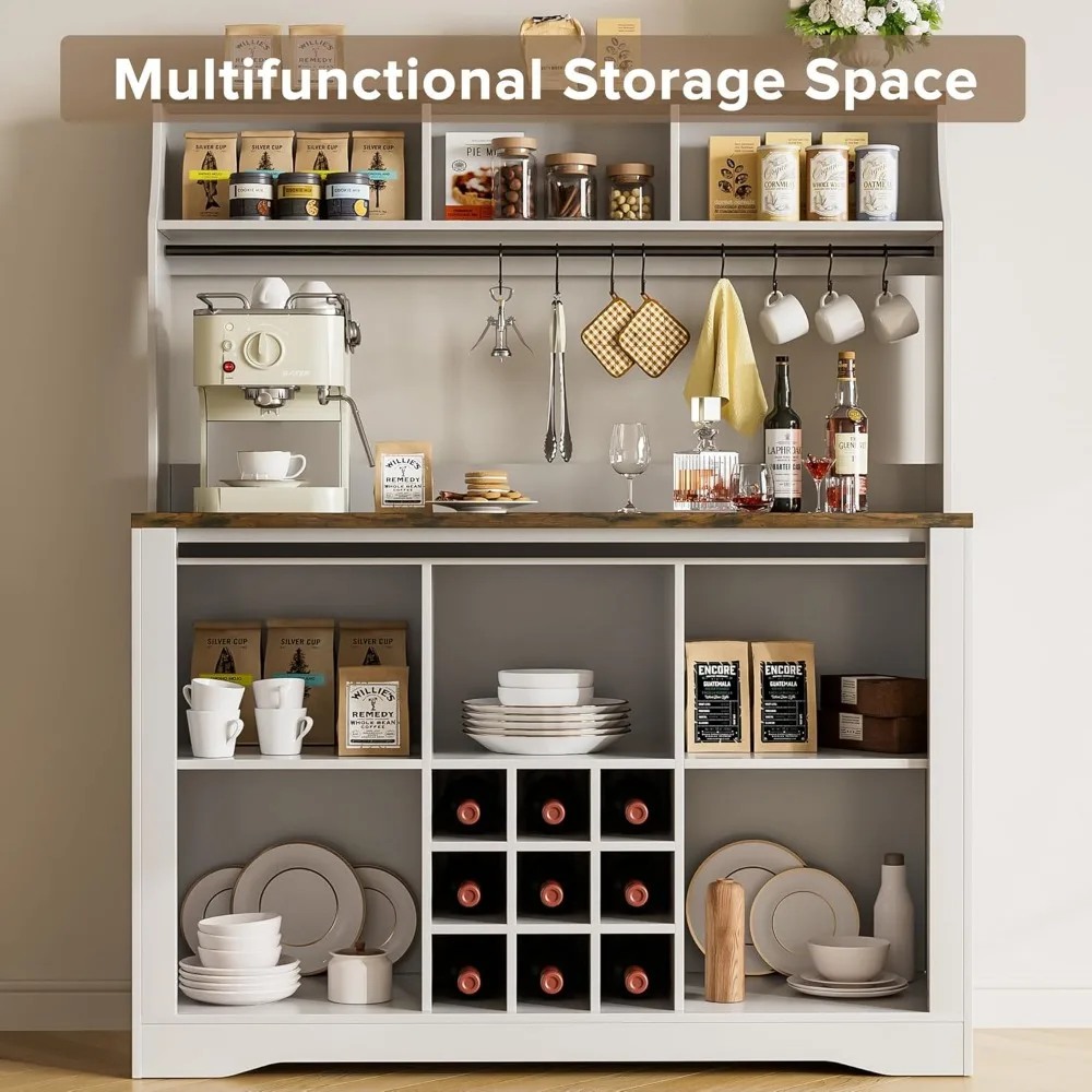 57 بار قهوة، خزانة بار قهوة المزرعة مع مساحة تخزين من 3 طبقات، خزانة مطبخ طويلة مع 8 خطافات و9 رفوف نبيذ،