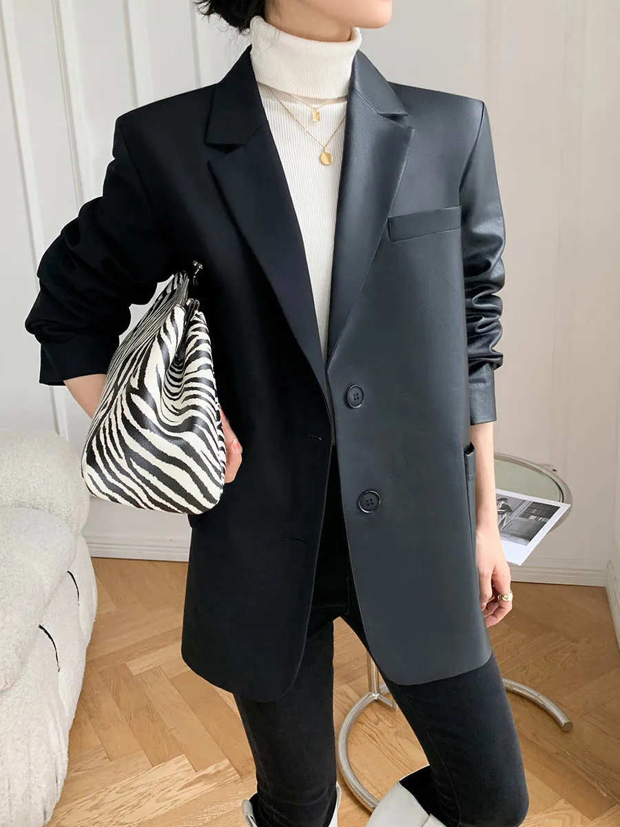 Tannt Women Blazer Asymmetry Pu Patchwork Women Blazers And Jackets Irregular Oversize Long Women\'s Blazers Coats 2023 New