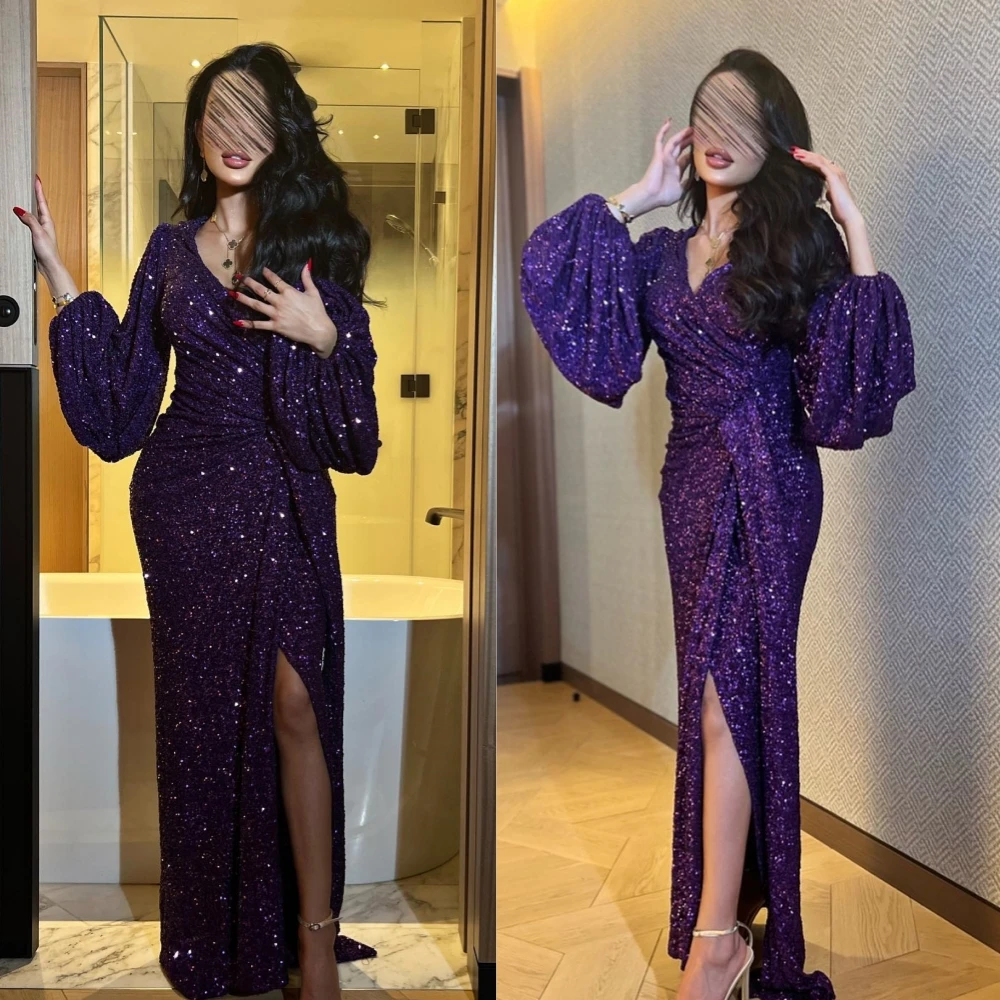 Customized Prom Exquisite V-Neck A-line Pleat Draped Sequined Floor-Length Sequin Bespoke Occasion Dresses Evening