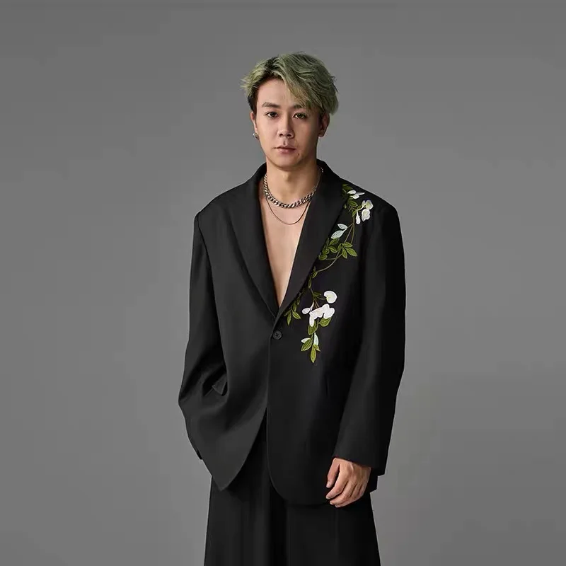 

Slim Fit Casual Thin Men's Suit Summer Sli Personali Night Club Leisure Outerwear Long Sve Stand Sle Single Button