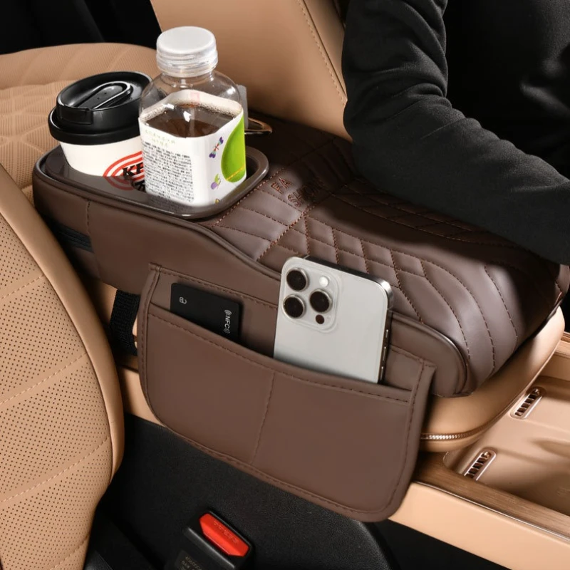Car Armrest Box with 2 Cup Holder Tissue Dispenser Armrest with Storage Bag Car Leather Height Increase Protective Cover Pad