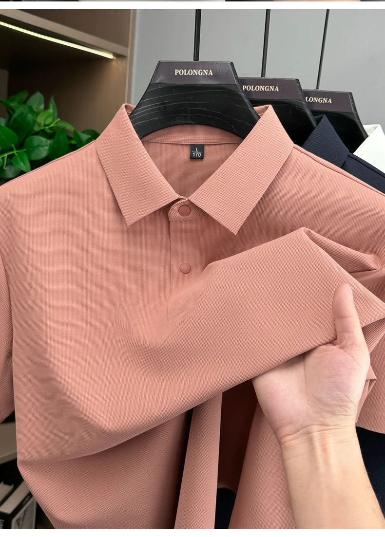 Modisches, einfarbiges Kurzarm-Poloshirt aus luxuriöser atmungsaktiver Eisseide für Herren Sommer Business Casual, bequem, vielseitig, T-Shirt – Detail 17
