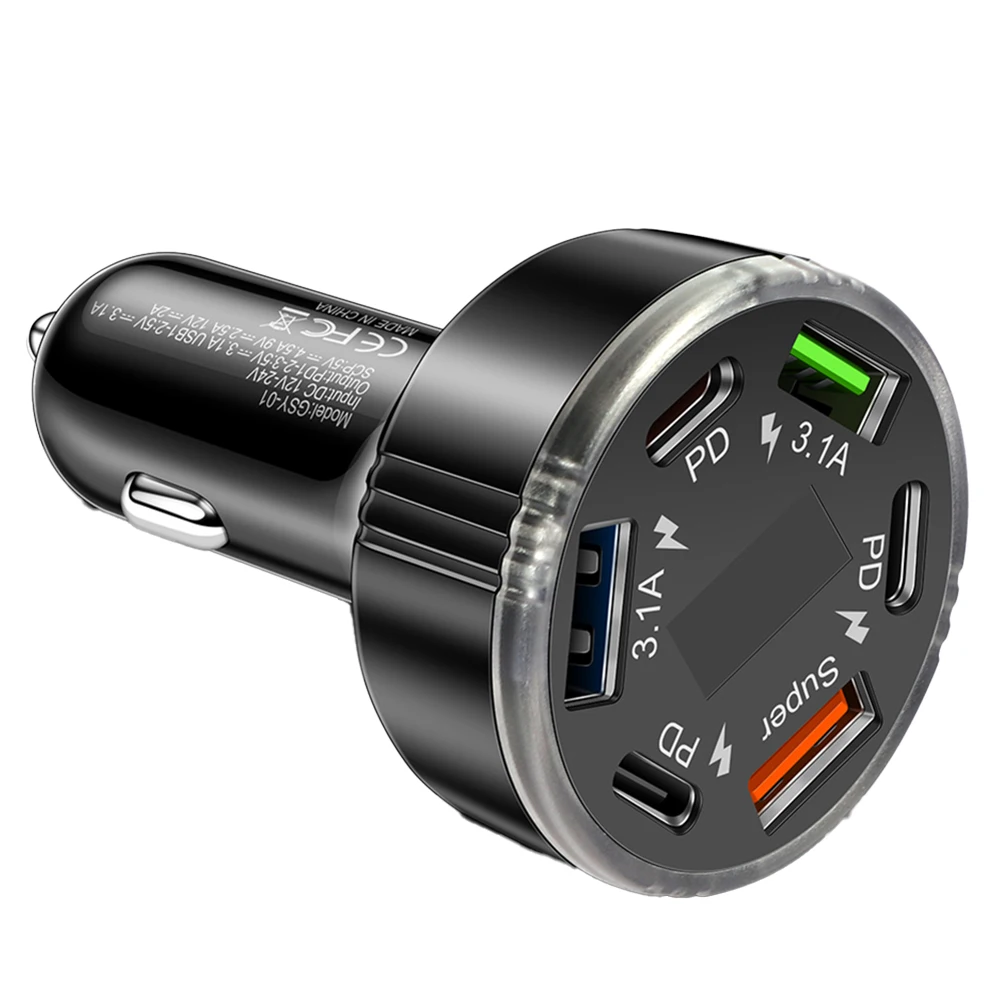 

Зарядное устройство с 6 портами, автомобильное зарядное устройство, 3 порта PD, 3 порта USB, прочная конструкция, сверхбыстрая зарядка, повышенная безопасность