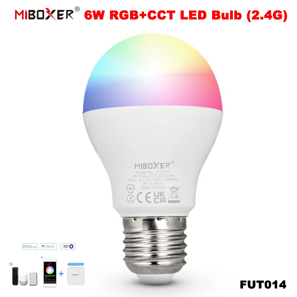 Miboxer FUT014 AC100-240V E27 Smart 2.4GHzRF TUYA  6W RGB+CCT Color Temperature/Brightness Adjustable APP Voice Control LED Bulb