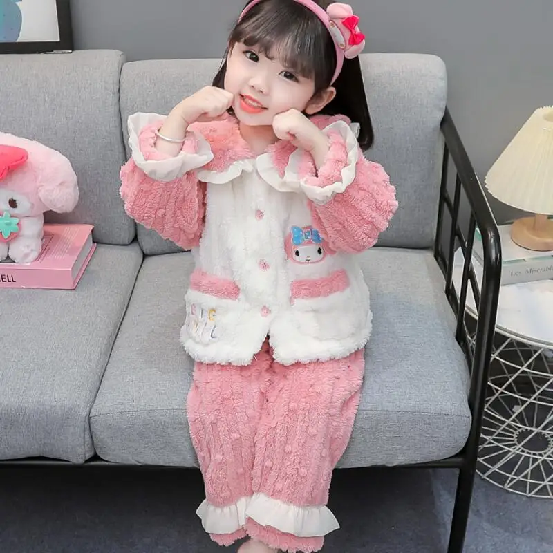 

Hot Sanrio Girl Pajama Set Kuromi My Melody Kawaii Anime Child Winter Soft and Thick Long-Sleeved Tops Pants Loungewear Set New