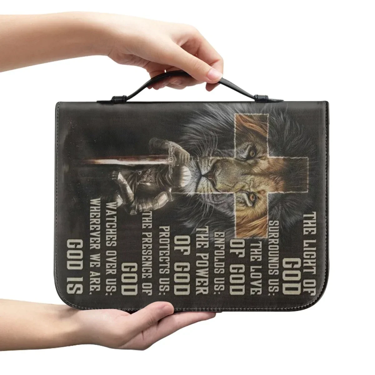 Classic Lion Bible Verse Sentence Print Bible Cover Case for Women Leather Zippered Handle Handbag Study Book Holy Storage Boxes