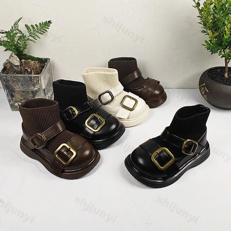 Girl Elastic Sock Boots 2025 Autumn Fashion Soft Sole Children Shoes Non-slip Versatile Princess Leather Shoes Kids Casual Shoes